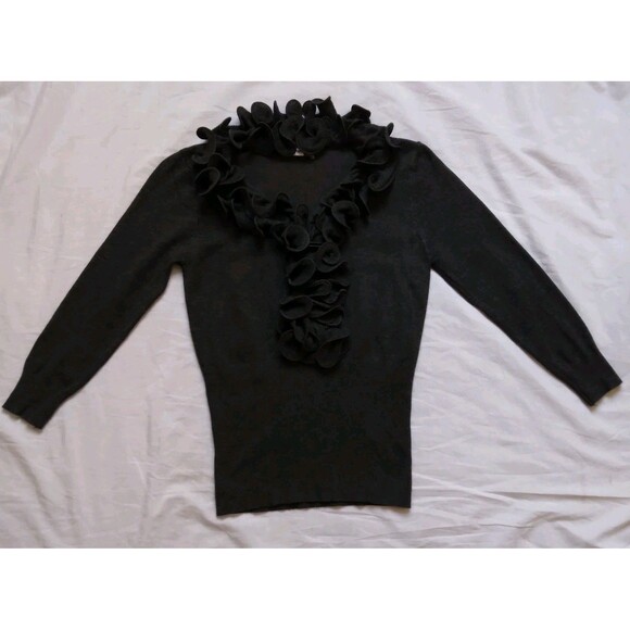 VILA Sweaters - Vila Milano Ruffle Neckline Sweater Gray V Neck 3/4 Sleeve Career Womens Medium